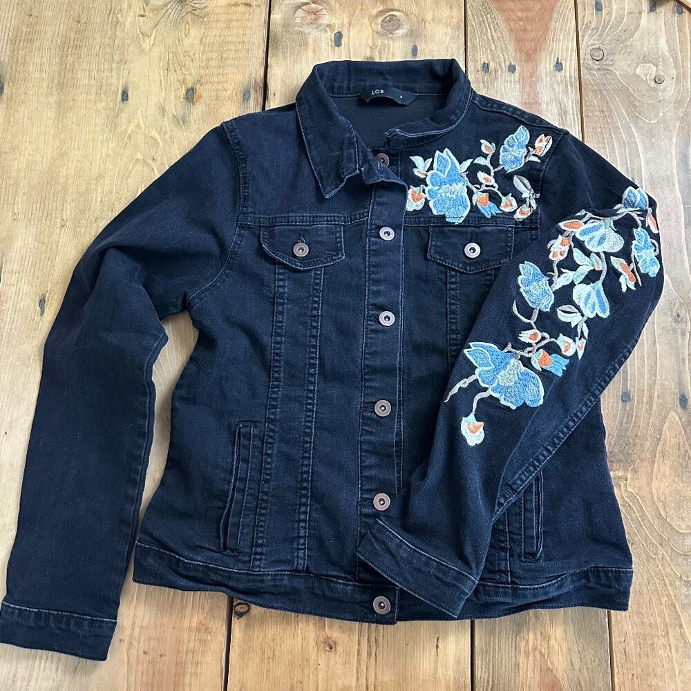 LOB Jean‎ Jacket Black Embroidered Floral  XS 3 Denim
